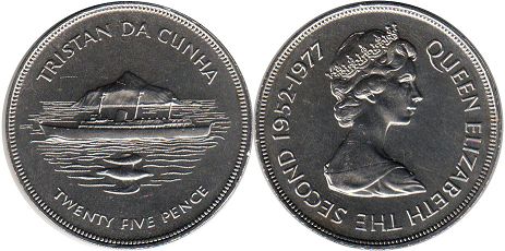 монета Тристан-да-Кунья 25 пенсов 1977