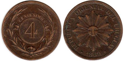 монета Уругвай 4 сентесимо 1869