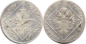 монета Австрия 7 крейцеров 1802