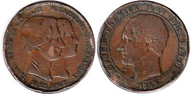 монета Бельгия 10 сантимов 1853