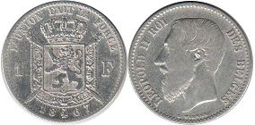 монета Бельгия 1 франк 1867