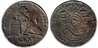 монета Бельгия 5 сантимов 1842