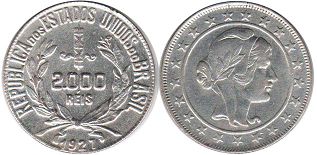монета Бразилия 2000 рейс 1927