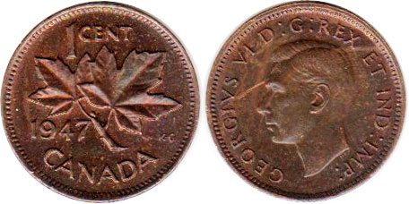 монета Канада монета 1 цент 1947