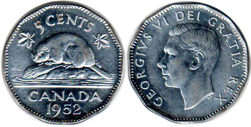 монета Канада монета 5 центов 1952