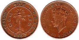 монета Цейлон 1 цент 1937