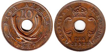 монета Британская Восточная Африка 10 центов 1937