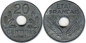 монета Франция 20 сантимов 1943