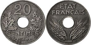 монета Франция 20 сантимов 1944