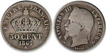 монета Франция 50 сантимов 1867