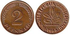 монета ФРГ 2 пфеннига 1989