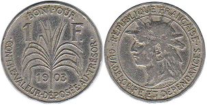 монета Гваделупа 1 франк 1903
