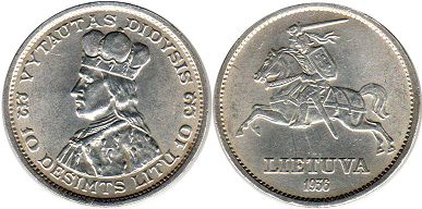 монета Литва 10 лит 1936