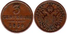 монета Ломбардия-Венеция 3 чентезимо 1852