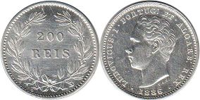 монета Португалия 200 рейс 1886