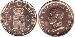 монета Испания 2 сентимо 1912