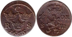 монета Швеция 1/6 эре 1666