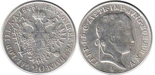 монета Австрийская Империя 20 крейцеров 1848