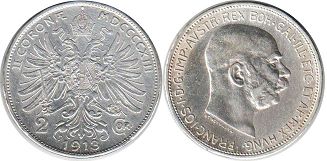 монета Австрийская Империя 2 короны 1913