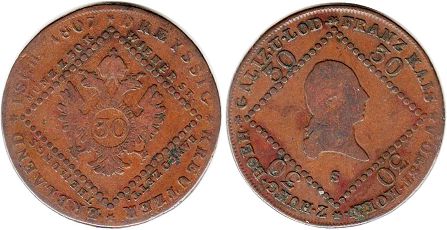 монета Австрийская Империя 30 крейцеров 1807