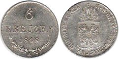 монета Австрийская Империя 6 крейцеров 1848