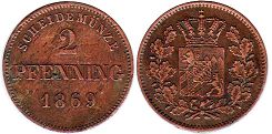 монета Бавария 2 пфеннига 1869