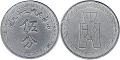 монета Китай 5 фынь 1940