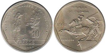 монета Колумбия 10 песо 1981
