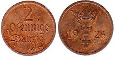 монета Данциг (Гданьск) 2 пфеннига 1926