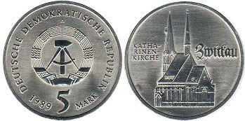 монета ГДР 5 марок 1989