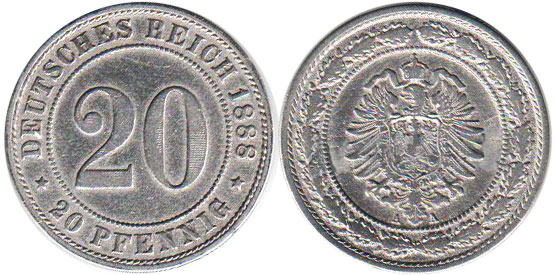 монета Германская Империя 20 пфеннигов 1888