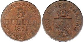 монета Гессен-Кассель 3 геллера 1845