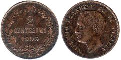 монета Италия 2 чентизими 1903