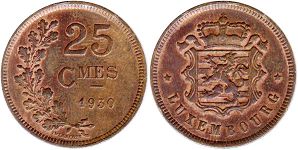 монета Люксембург 25 сантимов 1930