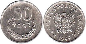 монета Польша 50 грошей 1949