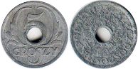 монета Польша 5 грошей 1939