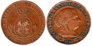монета Испания 2,5 сентимо 1868