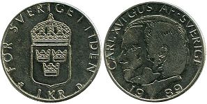 монета Швеция 1 крона 1989
