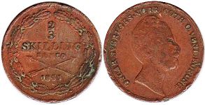 монета Швеция 2/3 скиллинга 1851