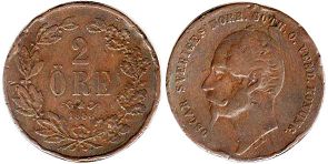 монета Швеция 2 эре 1858