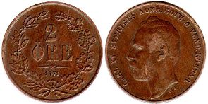 монета Швеция 2 эре 1871
