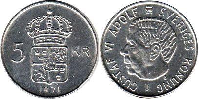 монета Швеция 5 крон 1971
