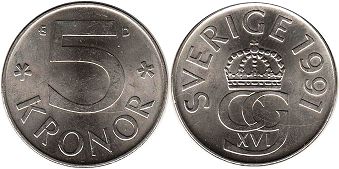 монета Швеция 5 крон 1991