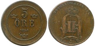 монета Швеция 5 эре 1884