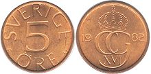 монета Швеция 5 эре 1982