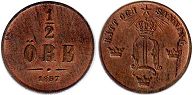 монета Швеция 1/2 эре 1857