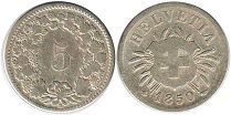 монета Швейцария 5 раппенов 1850