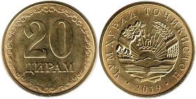 монета Таджикистан 20 дирам 2019