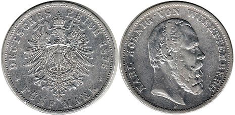 монета Вюртемберг 5 марок 1876
