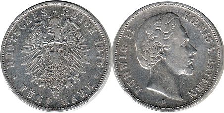 монета Бавария 5 марок 1876
